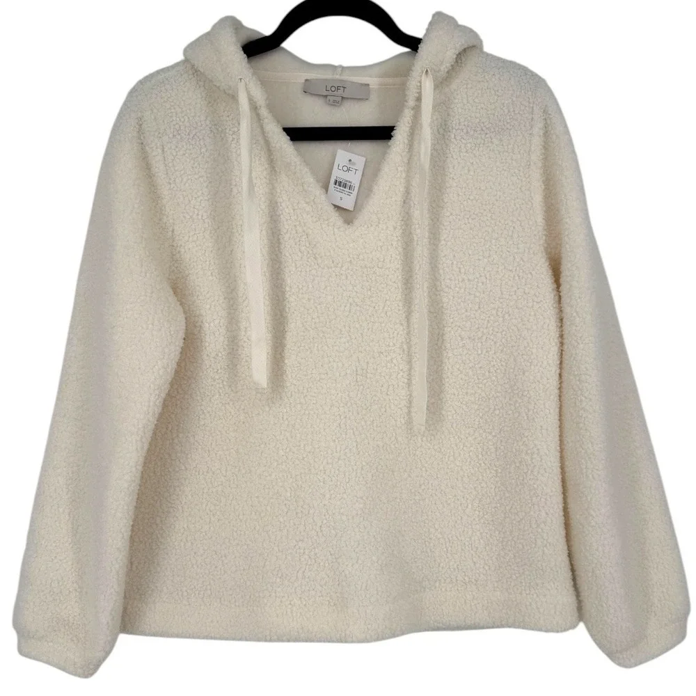 NWT LOFT V-Neck Sherpa Hoodie Ivory Pullover Sweater Top Size Small Cozy Lounge - Picture 5 of 14